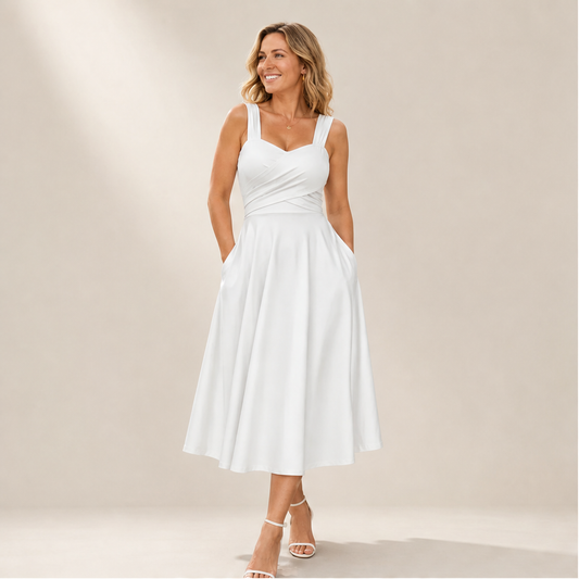 White Criss-Cross Waist Midi Dress | Fit and Flare A-Line Dress for Women - Sweetheart Neckline with Pockets lifestyle