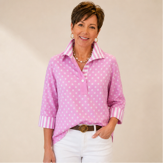 Pink Polka Dot Blouse | Contrast Stripe Popover Top for Women - 3/4 Sleeve Cotton Shirt lifestyle