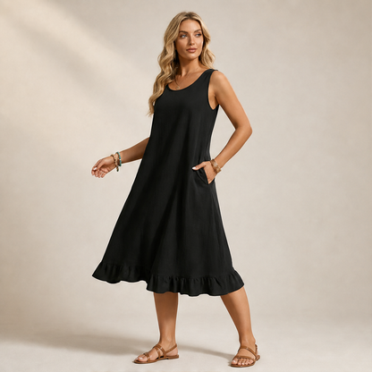 Marielle Women's Sleeveless Ruffle Hem Midi Dress with Dual Front Pockets - Casual Cotton Blend Summer Dress lifestyle