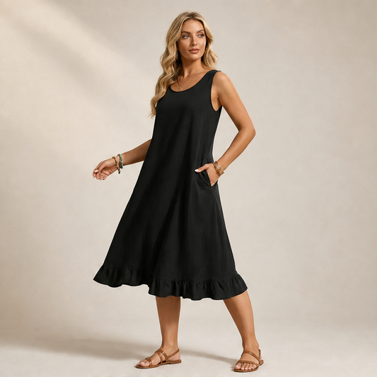 Marielle Women's Sleeveless Ruffle Hem Midi Dress with Dual Front Pockets - Casual Cotton Blend Summer Dress lifestyle