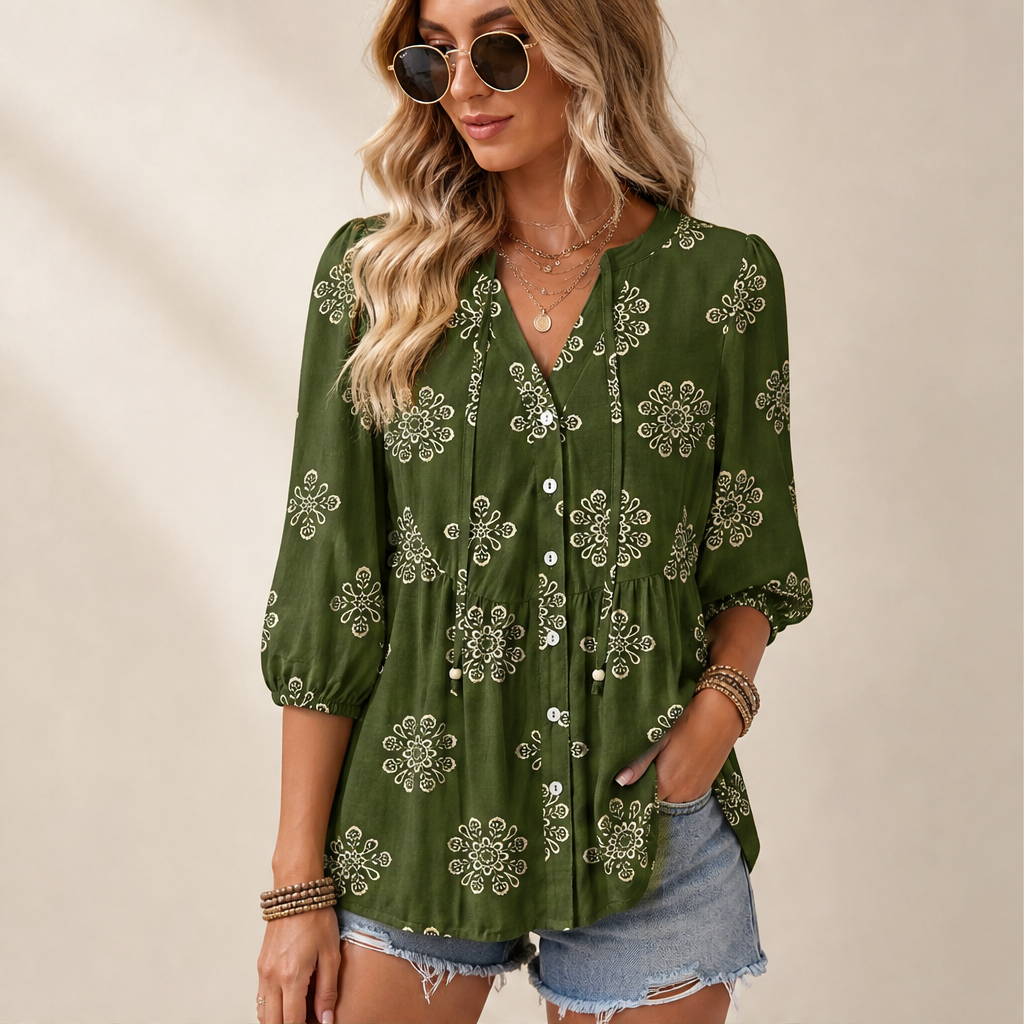 Khaki Green Floral Peplum Blouse | Boho V-Neck Button-Down Top - Puff Sleeve Tie Neck lifestyle