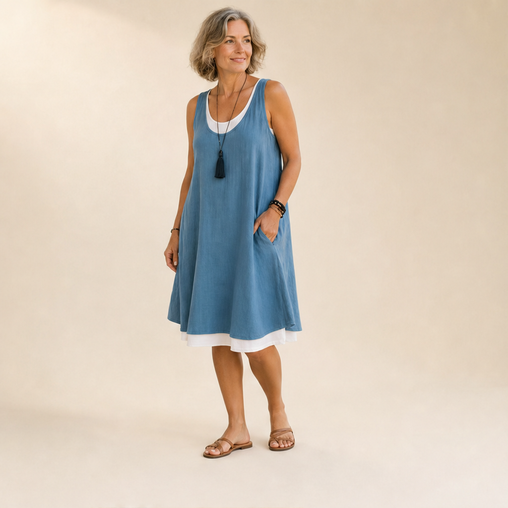 Chambray Blue Layered Tank Dress | Fake Two Piece Sleeveless Summer Dress - Loose Fit Cotton Linen lifestyle