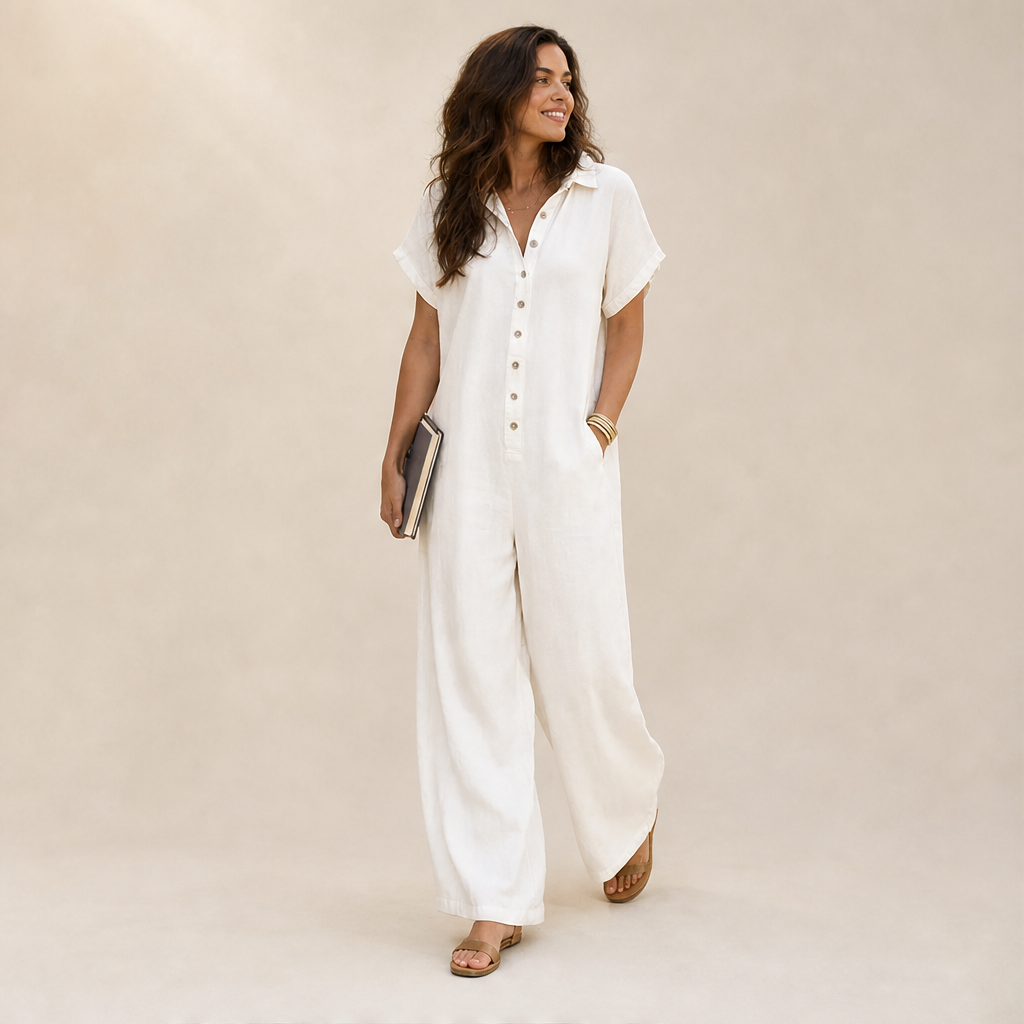Marielle Women's Casual Wide-Leg Button-Front Linen-Look Jumpsuit - Short Sleeve Collared Loose Fit Jumpsuit lifestyle