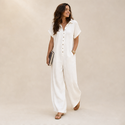 Marielle Women's Casual Wide-Leg Button-Front Linen-Look Jumpsuit - Short Sleeve Collared Loose Fit Jumpsuit lifestyle