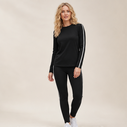 Black Two Piece Loungewear Set | Casual Long Sleeve Top & Leggings - Side Stripe Tracksuit lifestyle
