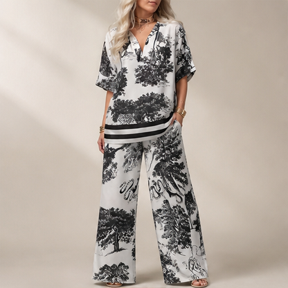 White Printed V-Neck Top and Trousers Set | Casual Two-Piece Loungewear - Wide Leg Matching Set lifestyle