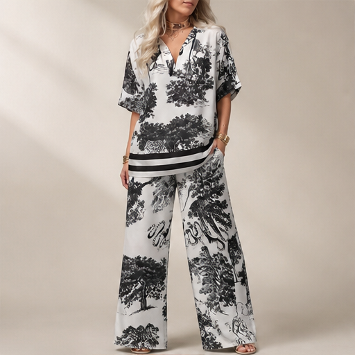 White Printed V-Neck Top and Trousers Set | Casual Two-Piece Loungewear - Wide Leg Matching Set lifestyle