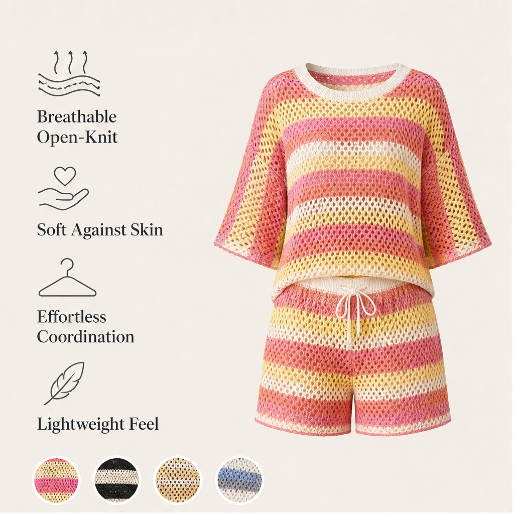 Marisol Women's Open-Knit Short Sleeve Top & Shorts Set - Crochet-Style Striped Two-Piece Summer Loungewear features