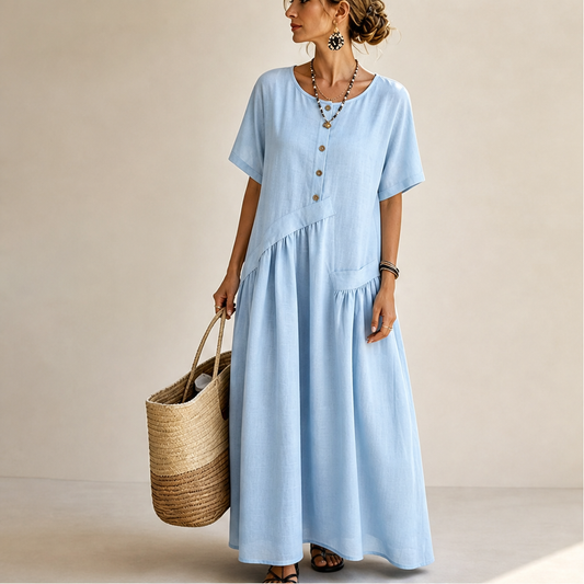 Sky Blue Cotton Linen Maxi Dress | Short Sleeve Button-Front Summer Dress with Pockets lifestyle