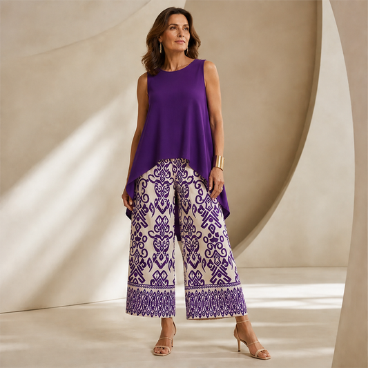 Purple Sleeveless Top & Wide Leg Trouser Set | Ikat Print Two-Piece Outfit for Women lifestyle