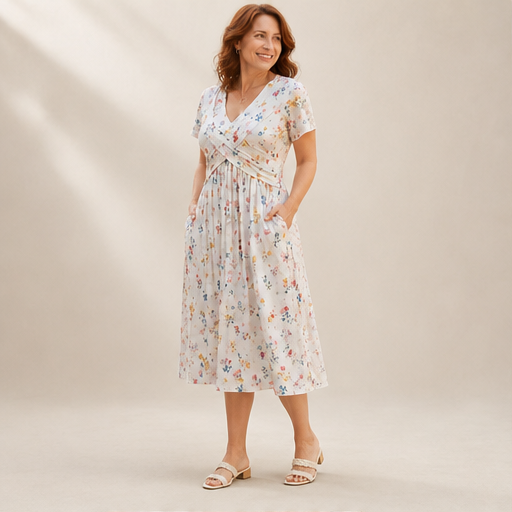 Floral Print Midi Dress | V-Neck Wrap Front with Pockets - Flattering Waist Tie Sundress lifestyle