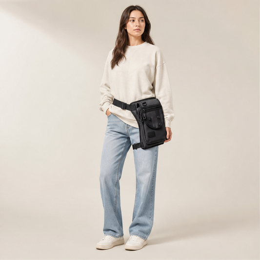 Black Leg Bag | Oxford Fabric Utility Thigh Bag for Travel - Adjustable Waist & Leg Straps lifestyle