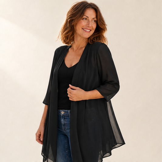 Black Chiffon Cardigan | Lightweight Open Front Cover-Up - Waterfall Drape for Women lifestyle
