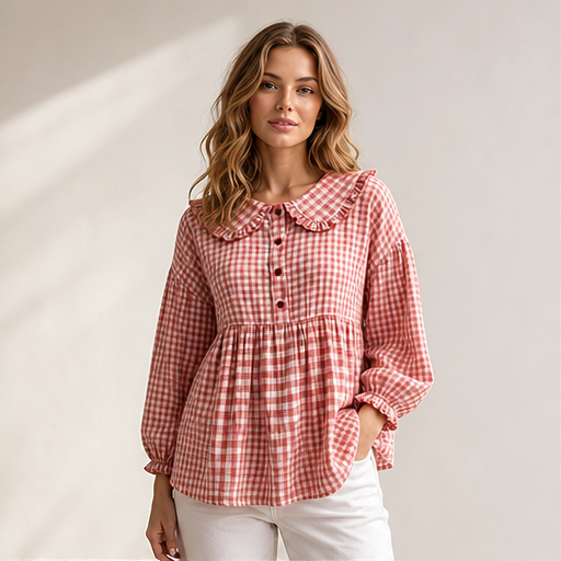 Red Gingham Top | Ruffled Peter Pan Collar Blouse - Puff Sleeve Casual Shirt for Women lifestyle