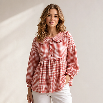 Red Gingham Top | Ruffled Peter Pan Collar Blouse - Puff Sleeve Casual Shirt for Women lifestyle