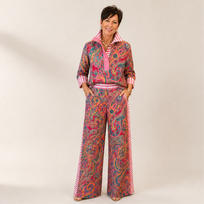 Pink Paisley Two-Piece Set | Contrast-Stripe Wide-Leg Trouser & Top - Women's Matching Set lifestyle