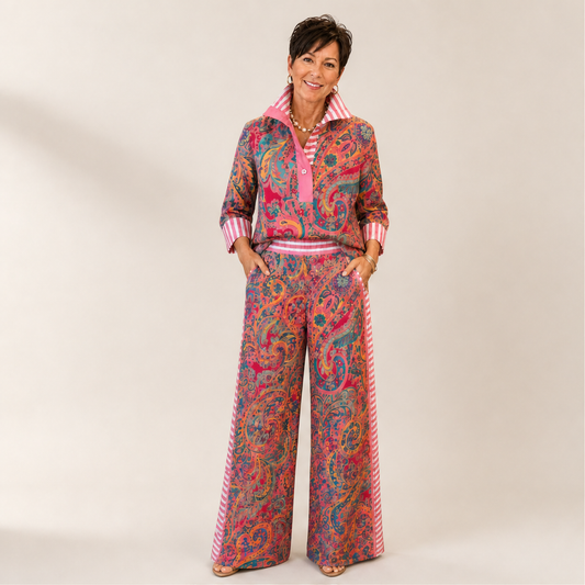 Pink Paisley Two-Piece Set | Contrast-Stripe Wide-Leg Trouser & Top - Women's Matching Set lifestyle