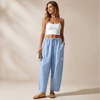 Blue Gingham Wide Leg Trousers | Women's Linen-Blend Plaid Trousers - Drawstring Waist with Pockets lifestyle
