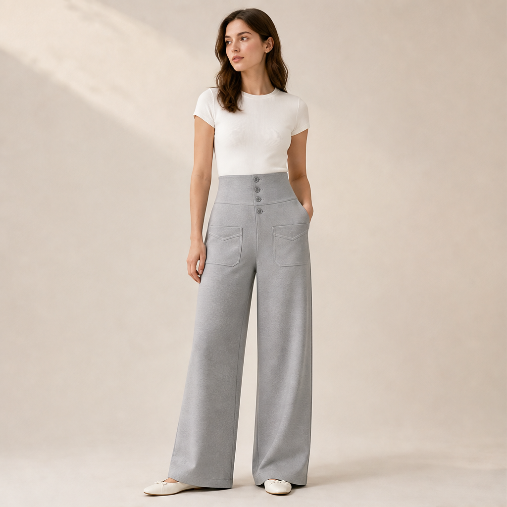 Black High Waist Stretch Trousers | Casual Wide Leg Pants for Women - Elasticated Drawstring Waist lifestyle