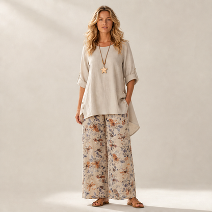 Black Two-Piece Trouser Set | Cotton Linen Asymmetric Hem Top with Floral Wide-Leg Pants lifestyle