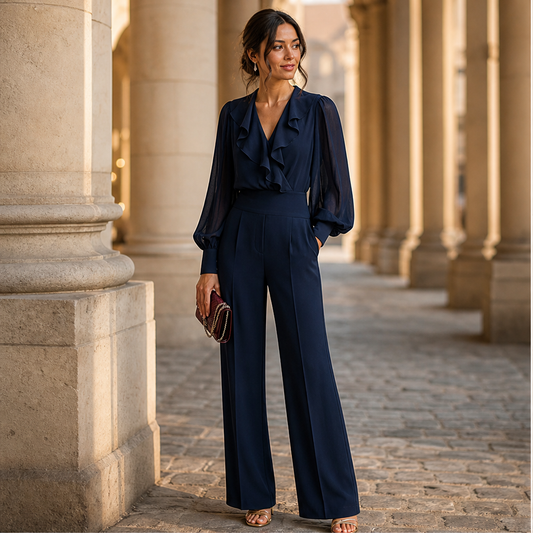 Adeline Women's Ruffled V-Neck Chiffon Top and Wide Leg Trousers Two Piece Set lifestyle