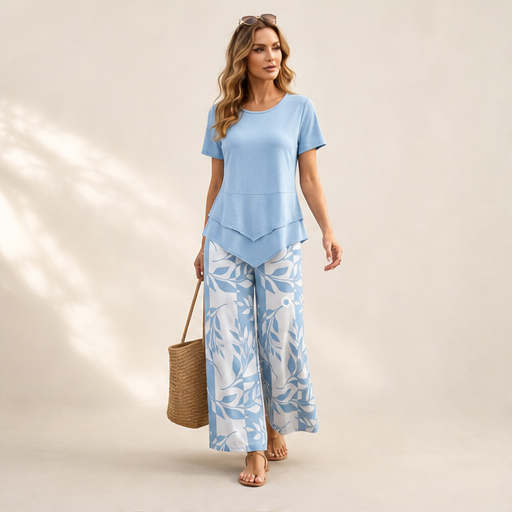 Blue Layered Tunic Top and Wide Leg Trouser Set | Round Neck Two-Piece Outfit for Women lifestyle