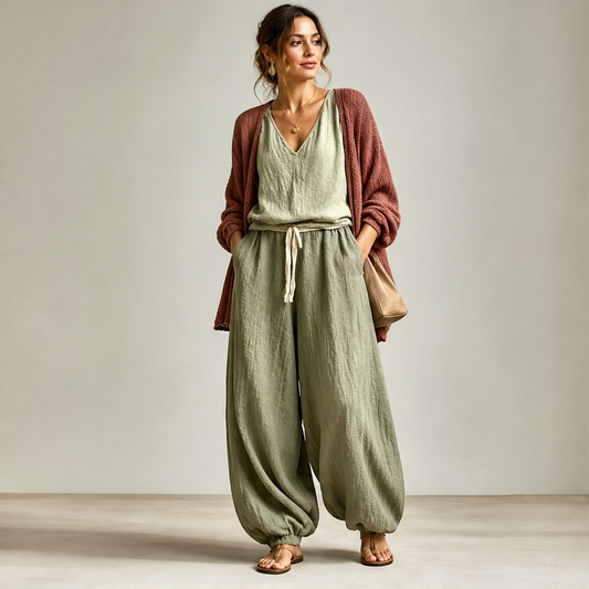 Green Three-Piece Harem Trouser Set | Tank Top, Cardigan & Wide-Leg Pants - Women's Knit Loungewear lifestyle