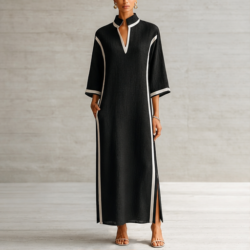 Black Colour Block Maxi Dress | V Neck Stand Collar Linen-Blend - Three Quarter Sleeve lifestyle