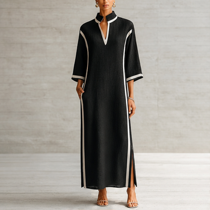 Black Colour Block Maxi Dress | V Neck Stand Collar Linen-Blend - Three Quarter Sleeve lifestyle