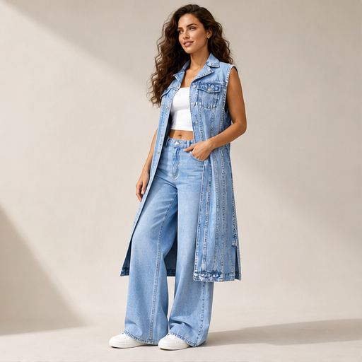 Light Wash Denim Vest Dress | Sleeveless Longline Jean Jacket - High Slit Midi lifestyle