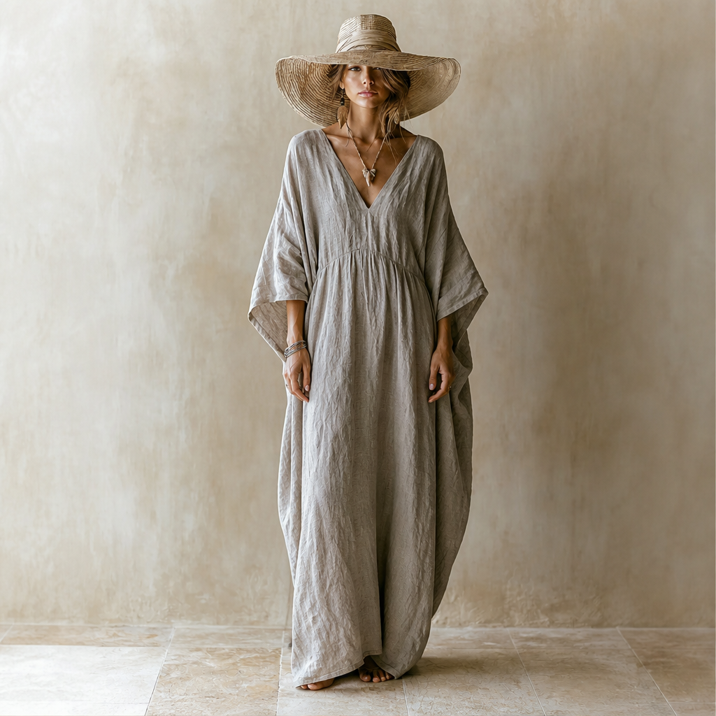 Marlowe Women's Loose-Fitting Linen Cocoon-Style Batwing Sleeve Maxi Kaftan Dress lifestyle
