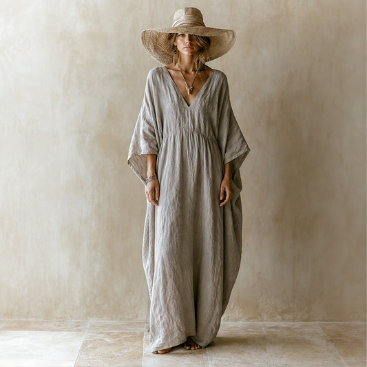 Marlowe Women's Loose-Fitting Linen Cocoon-Style Batwing Sleeve Maxi Kaftan Dress lifestyle
