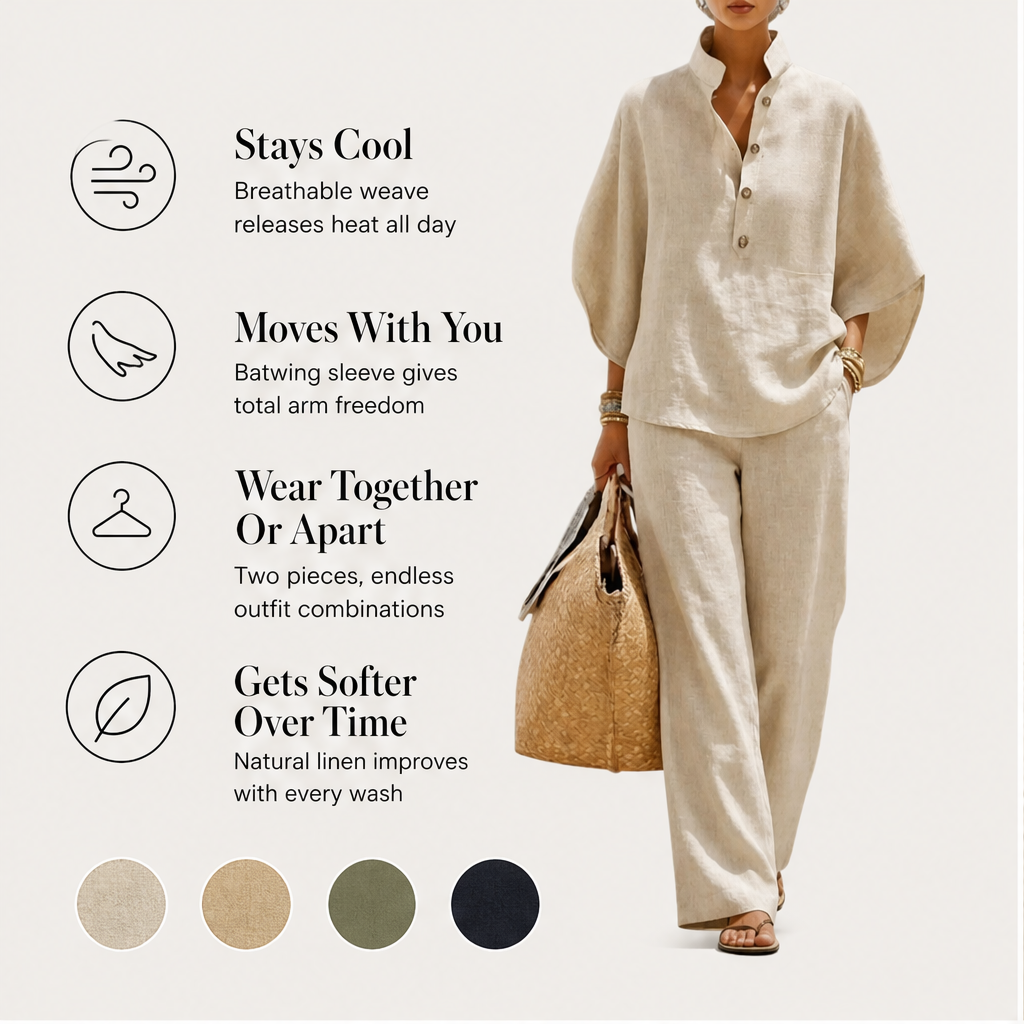 Marisol Women's Batwing Sleeve Linen Cotton Two-Piece Set - Casual Button Shirt & Wide Leg Trousers Outfit features