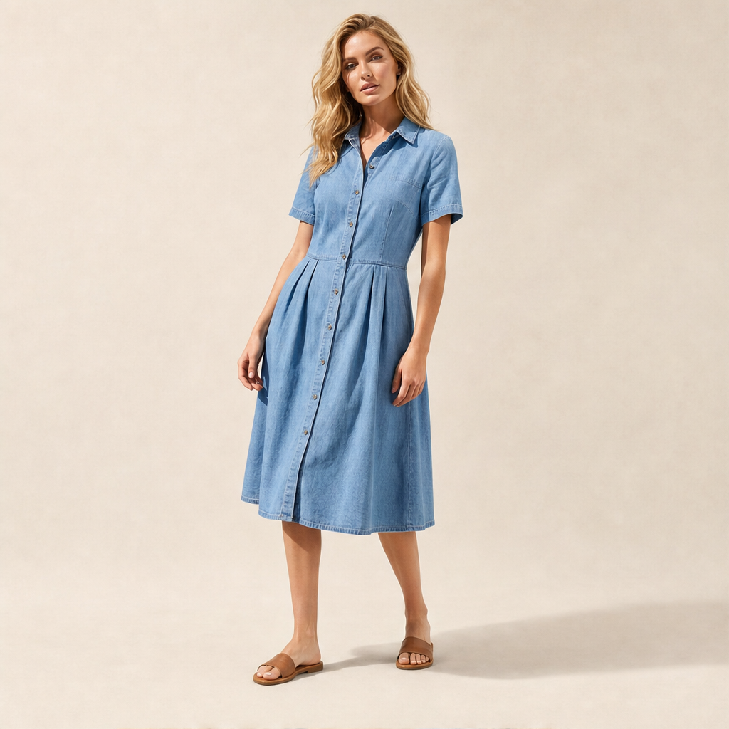 Blue Denim Shirt Dress | Button-Front A-Line Midi - Short Sleeve with Pockets lifestyle