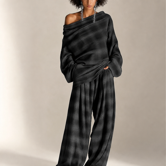 Grey Plaid Off Shoulder Top and Pants Set | Loose Two Piece Outfit - Wide Leg Trousers lifestyle