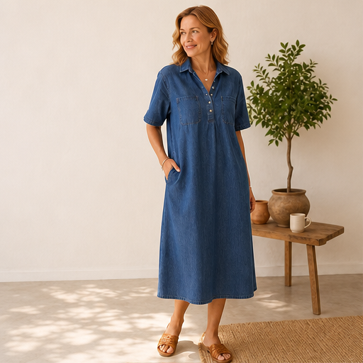 Denim Blue Shirt Dress | Casual Midi Dress for Women - Relaxed Fit with Pockets lifestyle
