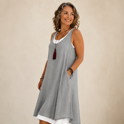 Grey Layered Hem Swing Dress | Sleeveless Linen-Blend Mock Two-Piece - A-Line with Pockets lifestyle