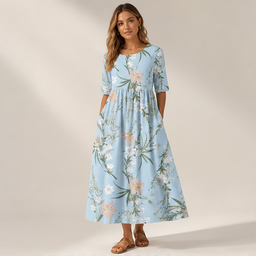 Blue Floral Wide Leg Trousers | Women's High-Waisted Palazzo Pants - Elegant Print with Pockets lifestyle