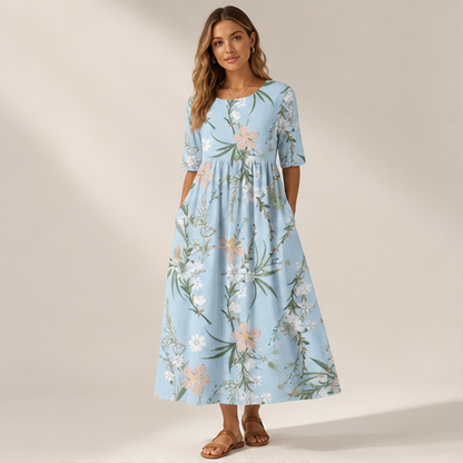 Blue Floral Wide Leg Trousers | Women's High-Waisted Palazzo Pants - Elegant Print with Pockets lifestyle