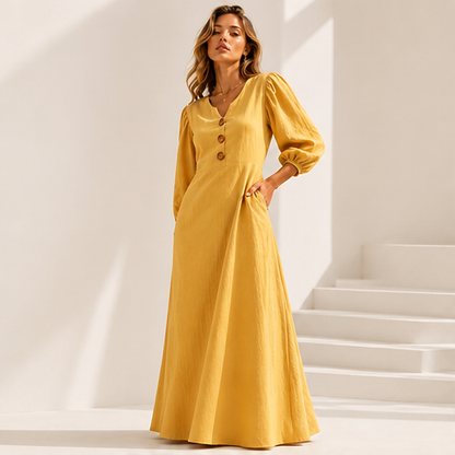 Mustard V-Neck Maxi Dress | Casual Puff Sleeve Long Dress - Linen-Blend with Pockets lifestyle