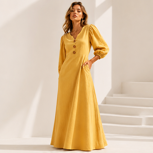 Mustard V-Neck Maxi Dress | Casual Puff Sleeve Long Dress - Linen-Blend with Pockets lifestyle