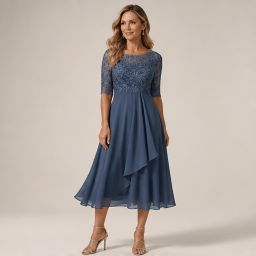 Slate Blue Embroidered Midi Dress | Scoop Neck Occasion Dress - Lace Bodice with Flowy Chiffon Skirt lifestyle