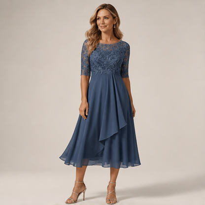 Slate Blue Embroidered Midi Dress | Scoop Neck Occasion Dress - Lace Bodice with Flowy Chiffon Skirt lifestyle