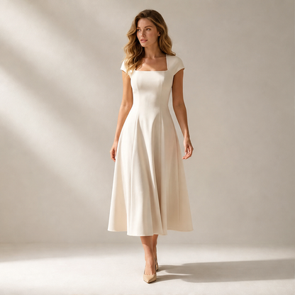 Black Square Neck A-Line Dress | Elegant Cap Sleeve Midi - Slim Fit Long Dress lifestyle