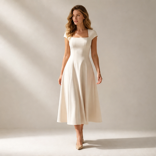 Black Square Neck A-Line Dress | Elegant Cap Sleeve Midi - Slim Fit Long Dress lifestyle