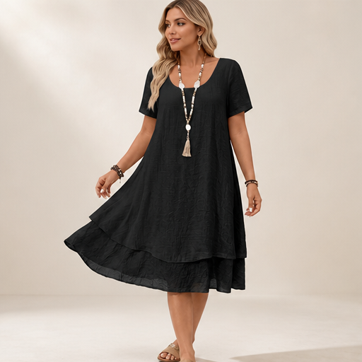 Black Loose Fit Midi Dress | Cotton Linen Tiered Hem Dress for Women - Round Neck A-Line lifestyle