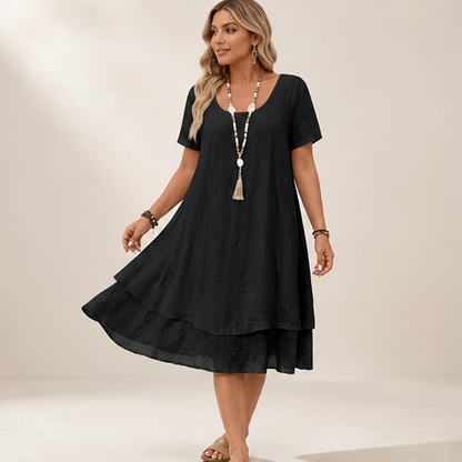 Black Loose Fit Midi Dress | Cotton Linen Tiered Hem Dress for Women - Round Neck A-Line lifestyle