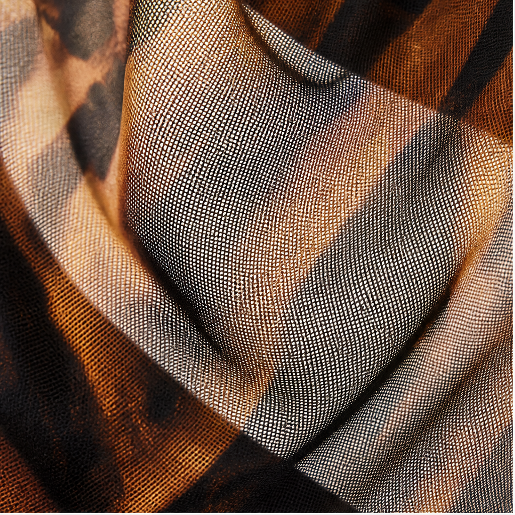 Brown Tiger Print Shawl Top & Skirt Set | Asymmetric One-Shoulder Two-Piece - Sheer Mesh Evening Wear detail