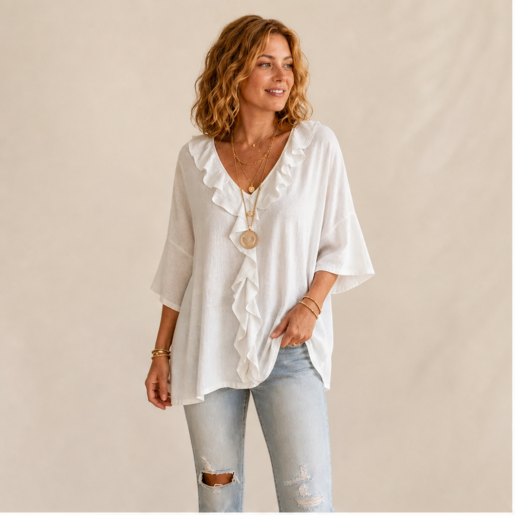 White Ruffle V-Neck Blouse | Elegant Linen-Look Top for Women - Flared Sleeve Tunic lifestyle