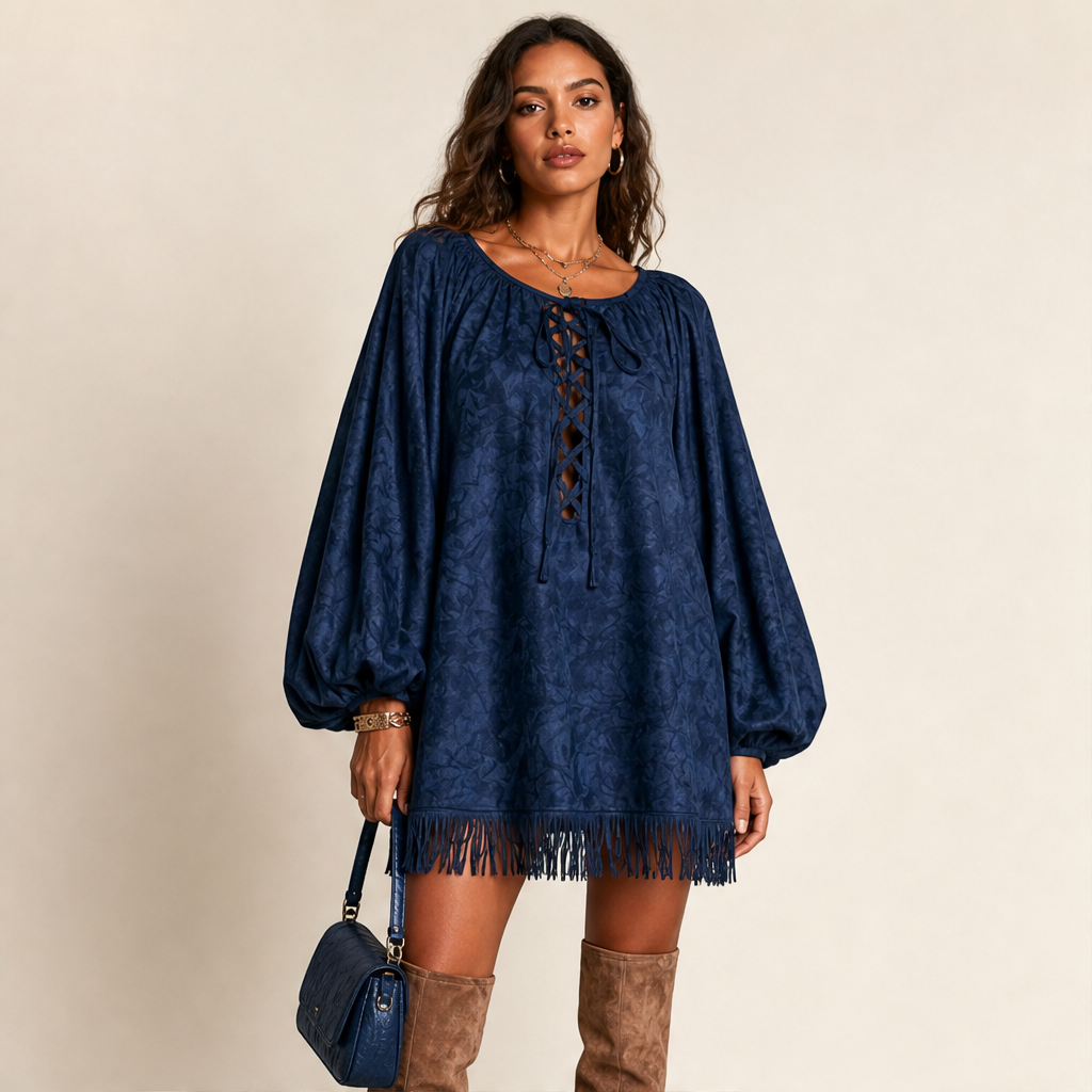 Marisol Women's Lace-Up Balloon Sleeve Tassel Hem Boho Mini Dress lifestyle
